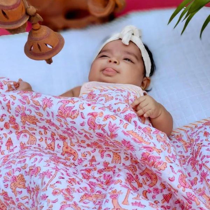 Soft Muslin Blanket For Infants | Pink And Peach | Flora & Fauna Hand Block Print