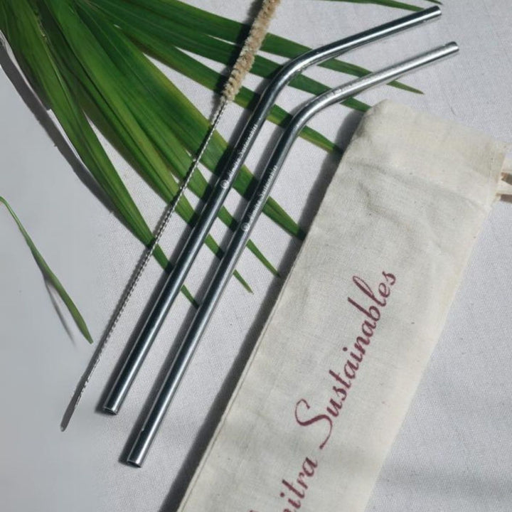 Stainless Steel Bent Straws | Pack Of 2 | With Straw Cleaner | Easy Clean