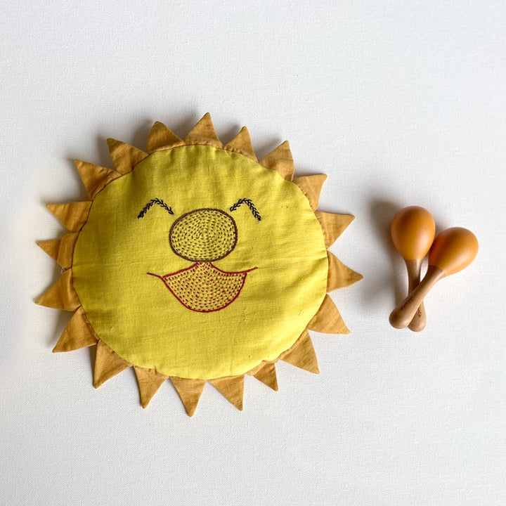 Sun Shape Pillow And Maracas Toy | Hand-Crafted | Newborn Baby Gift Set