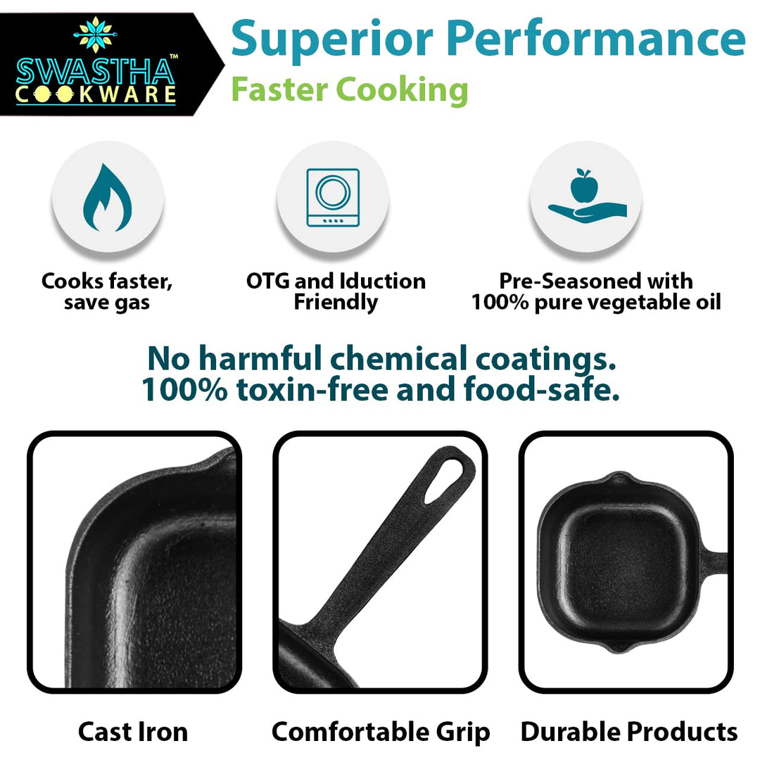 Tadka Pan | Cast Iron | Chemical Free Coating | Pre Seasoned with Oil | Square