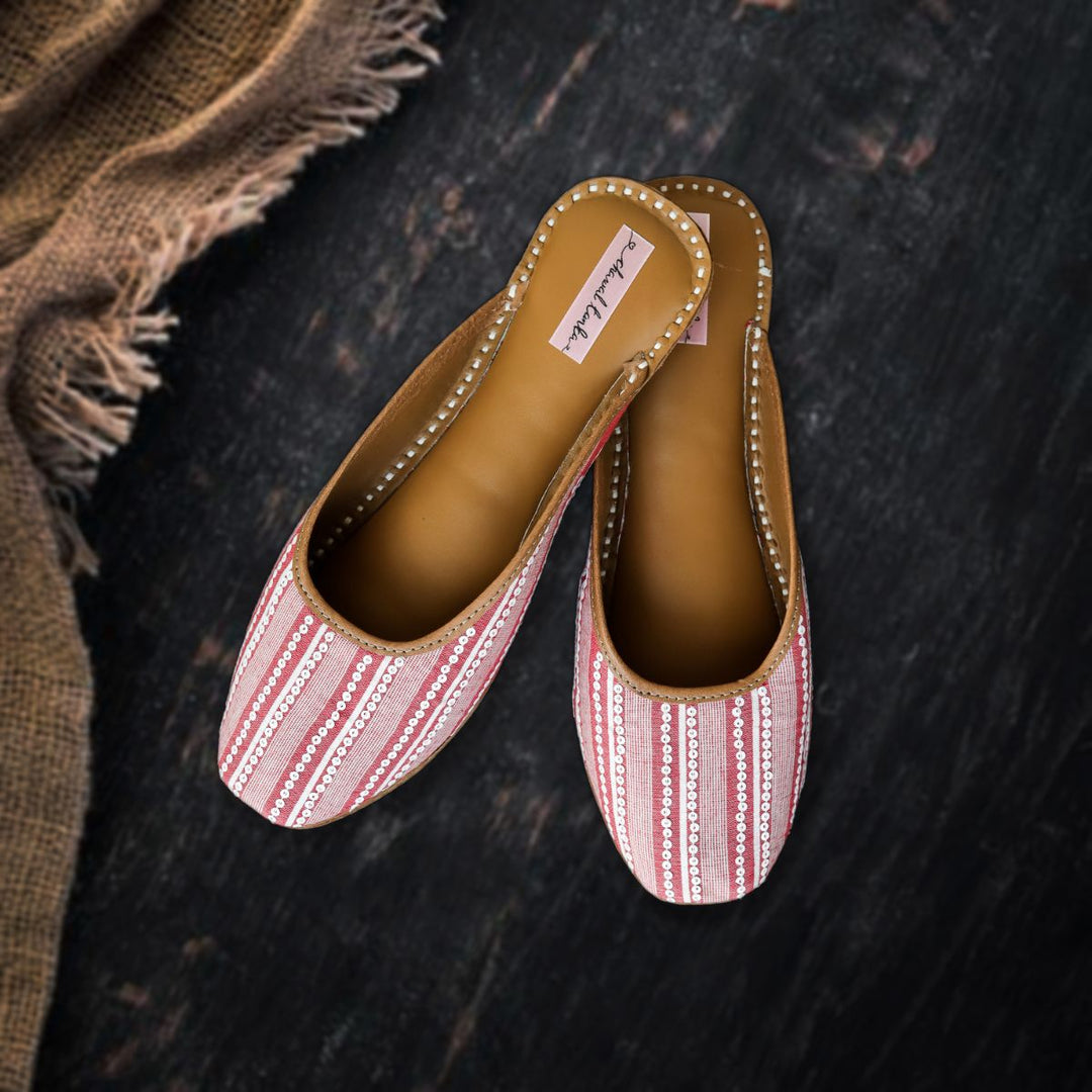 Trendy Stripes Women Jutti | Embellished | Crimson Red & White