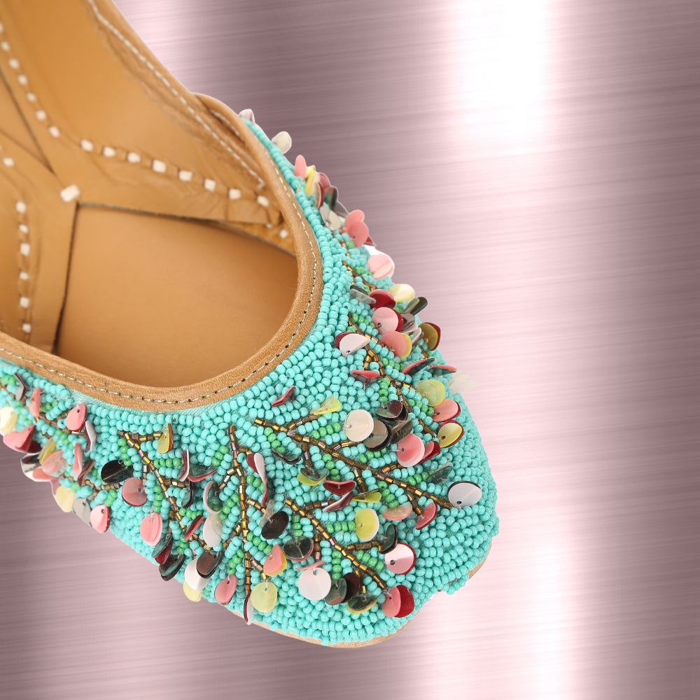 Turquoise Jutti For Women | Artistic Floral Work | Comfortable Wedding Wear 