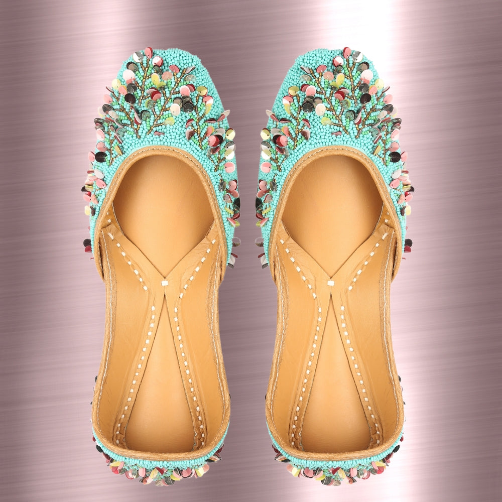 Turquoise Jutti For Women | Beautiful Floral Work | Wedding Wear