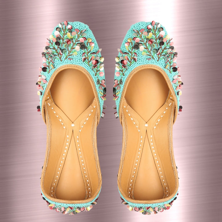 Turquoise Jutti For Women | Beautiful Floral Work | Wedding Wear
