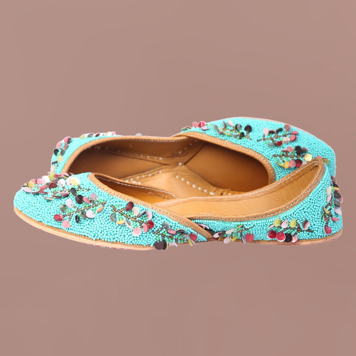 Turquoise Jutti For Women | Beautiful Floral Work | Wedding Wear