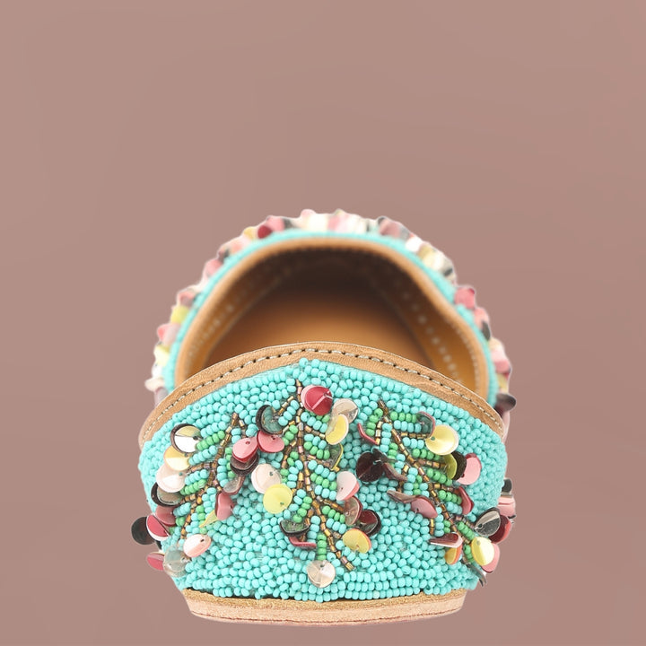 Turquoise Jutti For Women | Artistic Floral Work | Comfortable Wedding Wear 