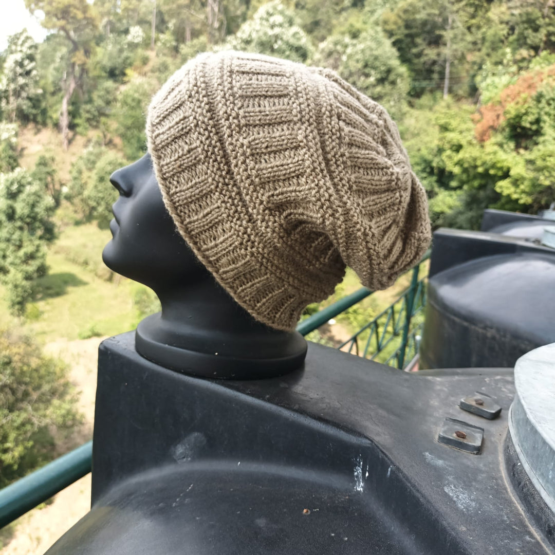 Wooly Cap, Winter Cap, Beige Hand Knitted Woollen Head Cap, Unisex Winter Wear