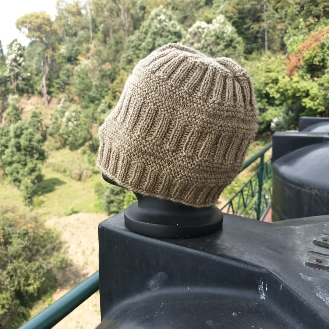 Wooly Cap, Winter Cap, Beige Hand Knitted Woollen Head Cap, Unisex Winter Wear