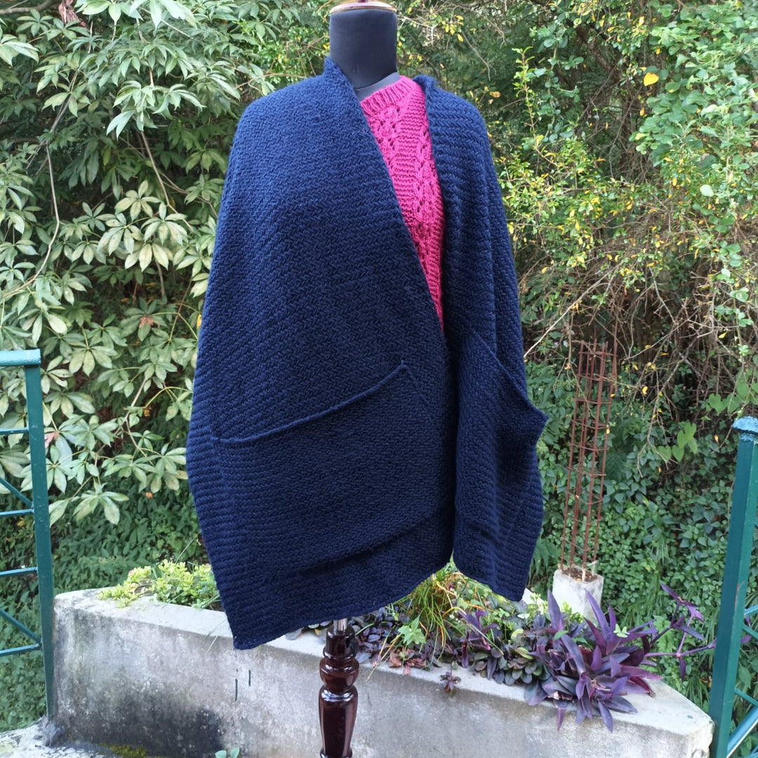 Navy Hand-Knitted Woollen Stole With Two Big Pockets | Stylish Winter Overlay for Women