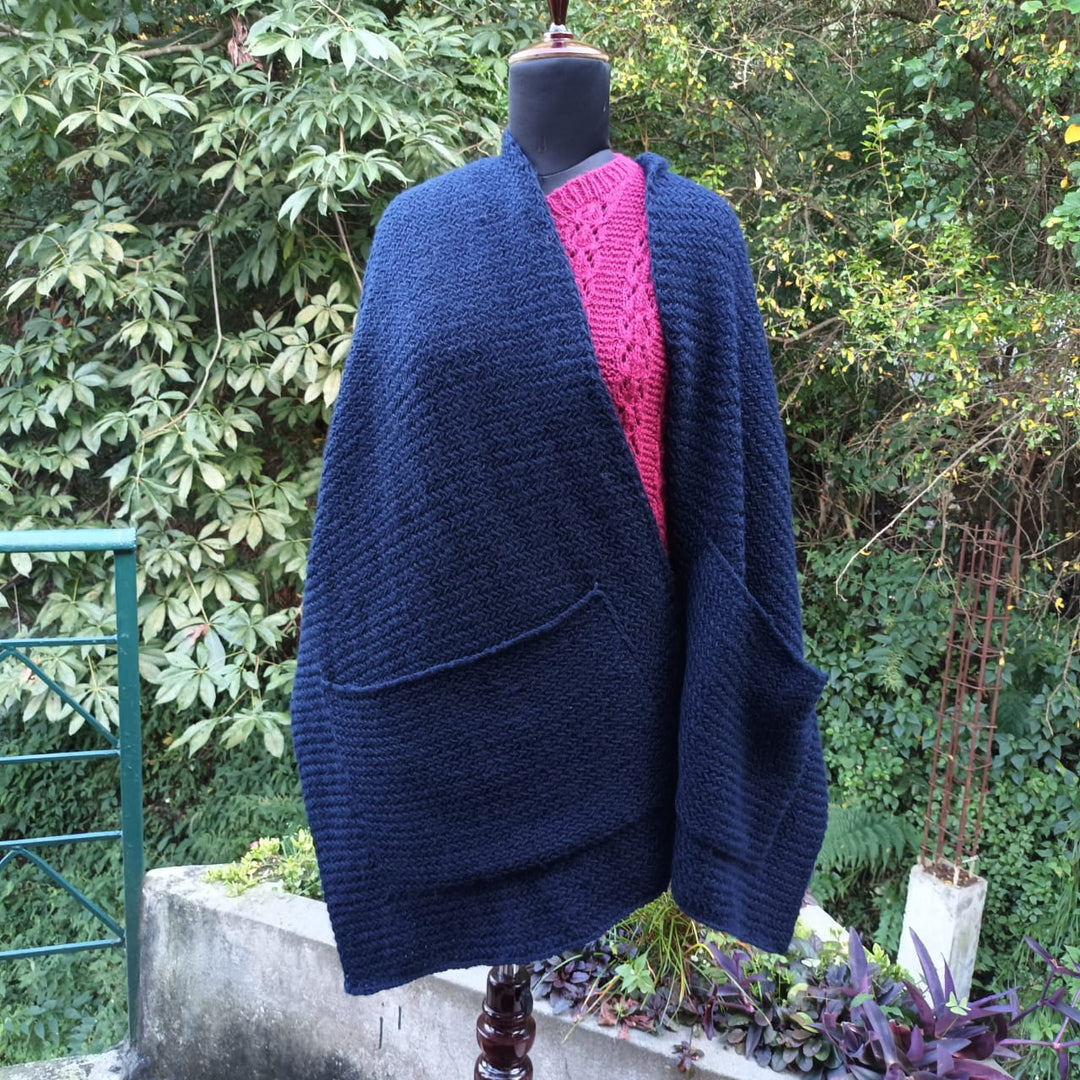 Navy Hand-Knitted Woollen Stole With Two Big Pockets | Stylish Winter Overlay for Women