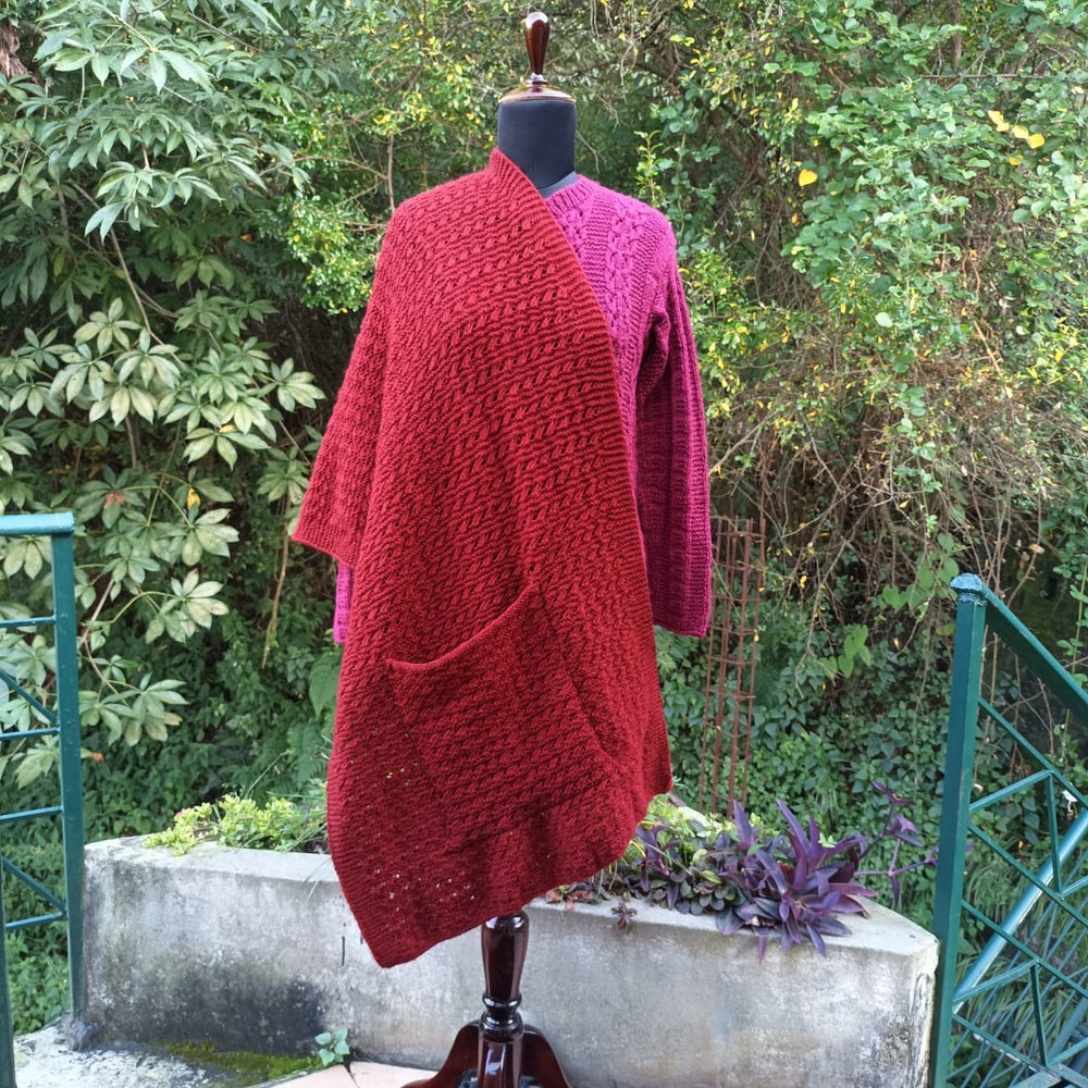 Maroon Hand-Knitted Woollen Stole with Two Pockets | Women Winter Wear