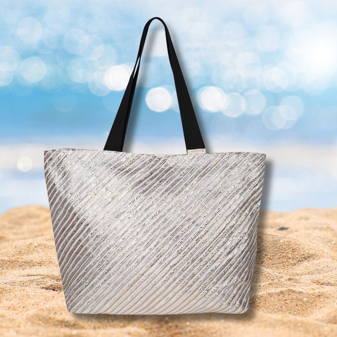 Beach Bag | Tote | Gold Silver | Up-Cycled Hand-Crafted Bag | Spacious