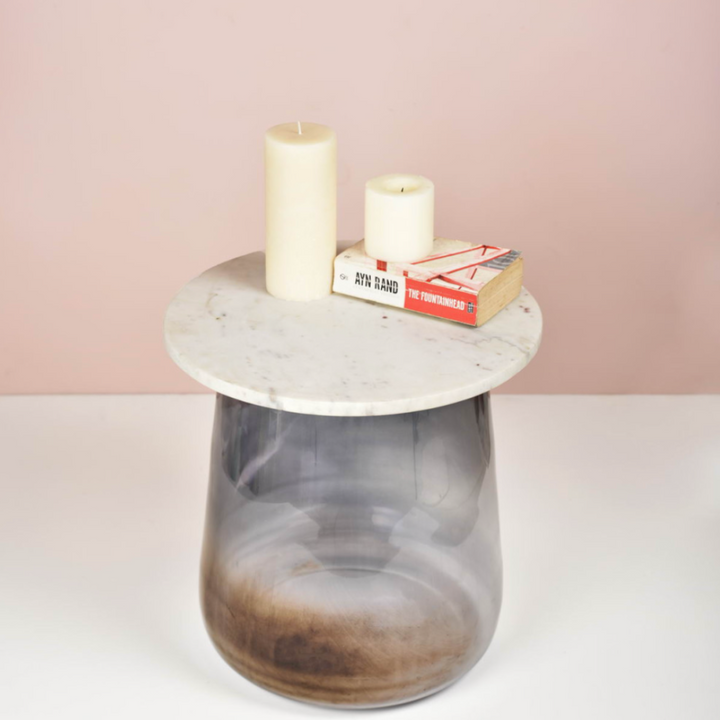 Marble Top Side Table In Round With Smokey Glass Bottom | Modern Accent Table | 16 Inches Tall