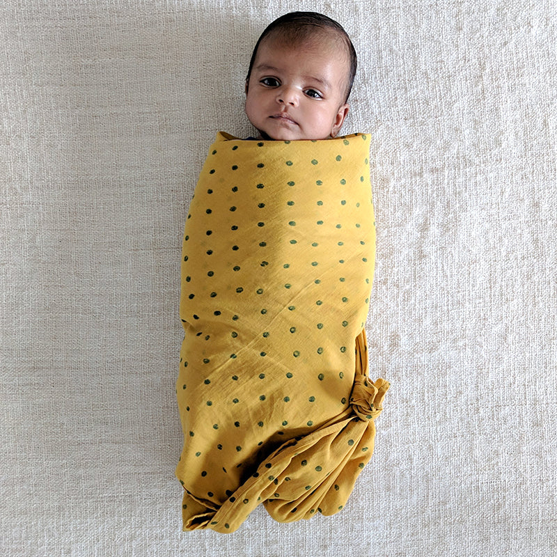 Mustard Yellow Pillow & Swaddle For Baby | Organic Cotton | Hand-Block Print