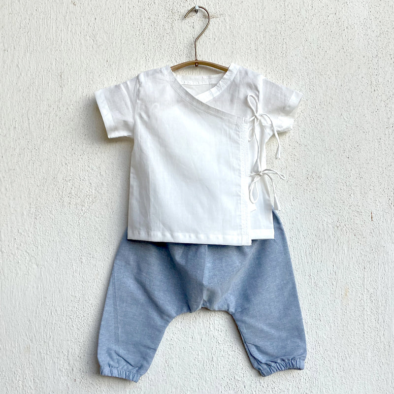 White Angrakha Top With Blue Chambray Pants for Infants | Sustainable Organic Cotton