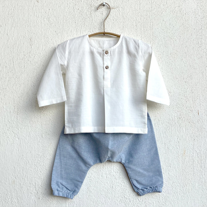 White Kurta With Blue Chambray Pants For Infants | Sustainable Organic Cotton