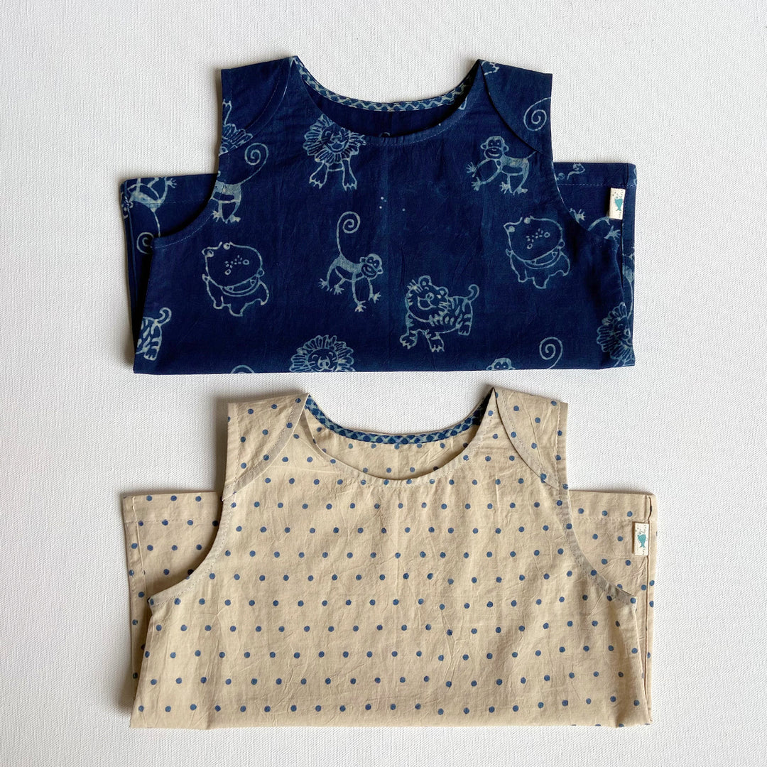 Ecru and Indigo Tops for Kids | Hand-block Printed Organic Cotton | Pack Of 2