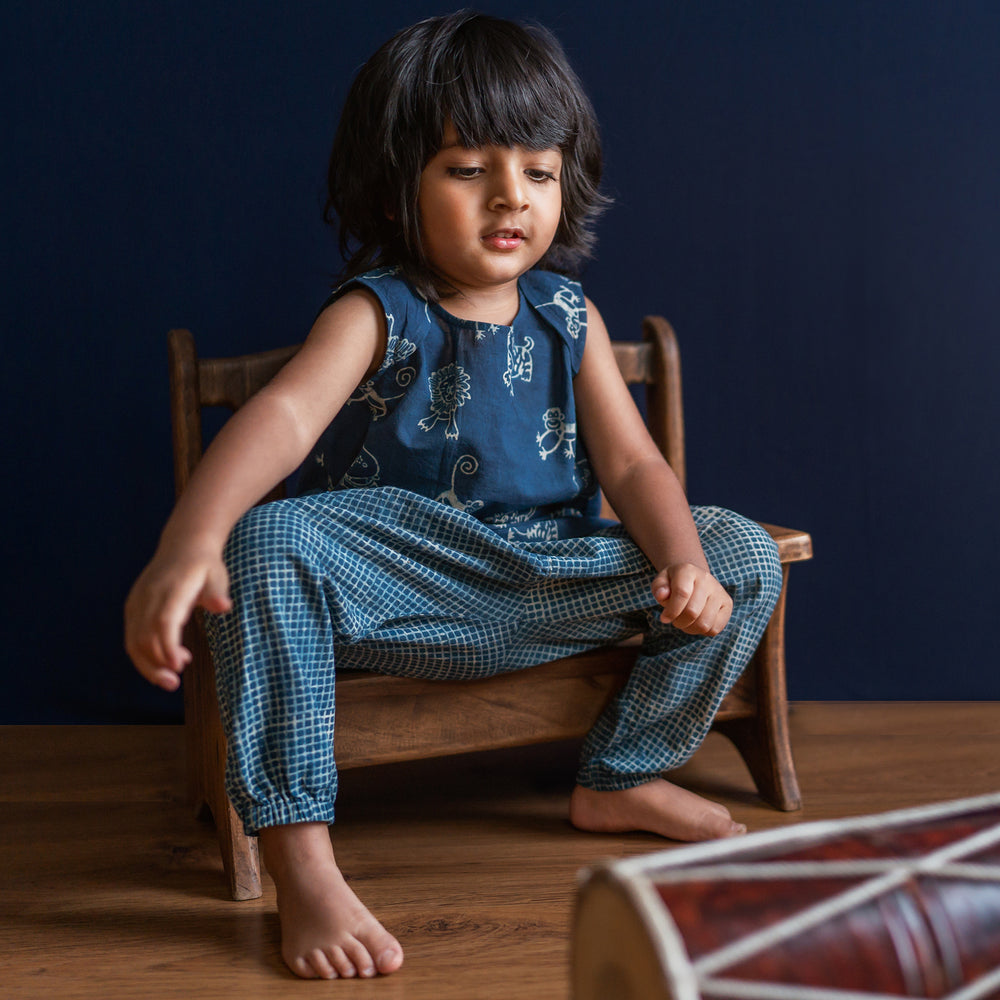 Ecru and Indigo Tops for Kids | Hand-block Printed Organic Cotton | Pack Of 2