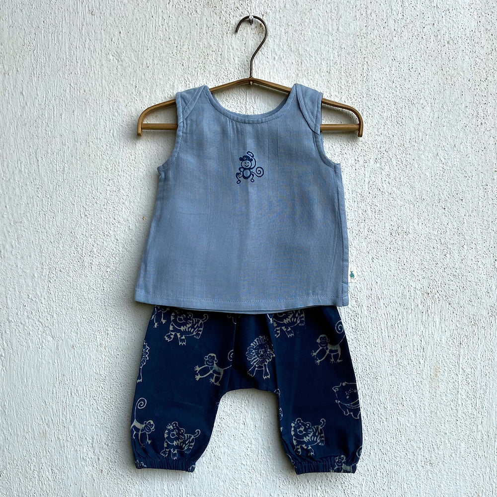 Blue Jhabla With Indigo Pants For Baby | Animal Handblock Print | Organic Cotton