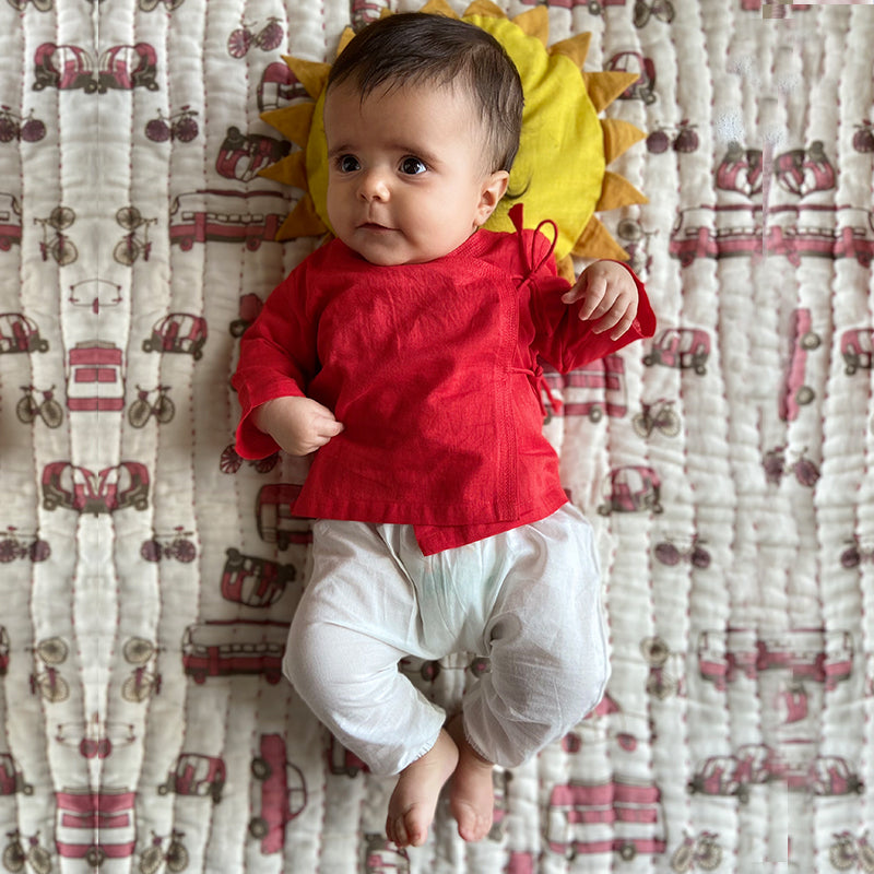 Red Angrakha Top & White Pants for Kids | Sustainable Organic Cotton