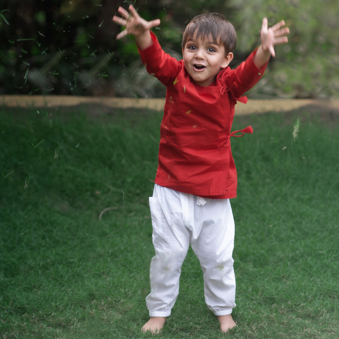 Red Angrakha Top & White Pants for Kids | Sustainable Organic Cotton