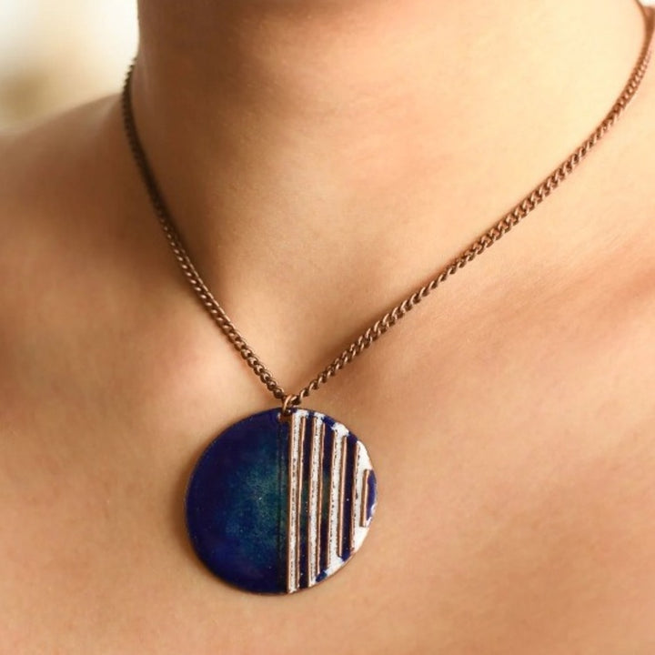 Crinkle Stripes Copper Enamel Pendant Necklace | Hand-crafted