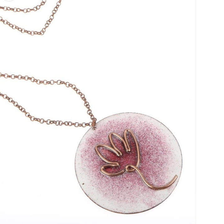 Lotus Bloom Copper Enamel Pendant Necklace | Hand-crafted | Pink