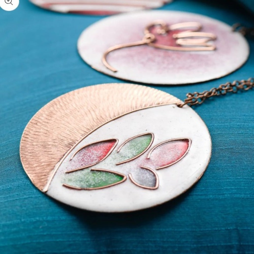 Leaflet Copper Enamel Pendant Necklace | Hand-crafted | White & Golden