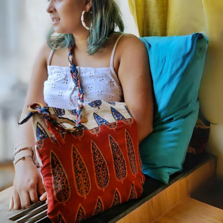 Women Sling Bag | Made of Hand Block Printed Cotton | Ethnic | Maroon & Off-White