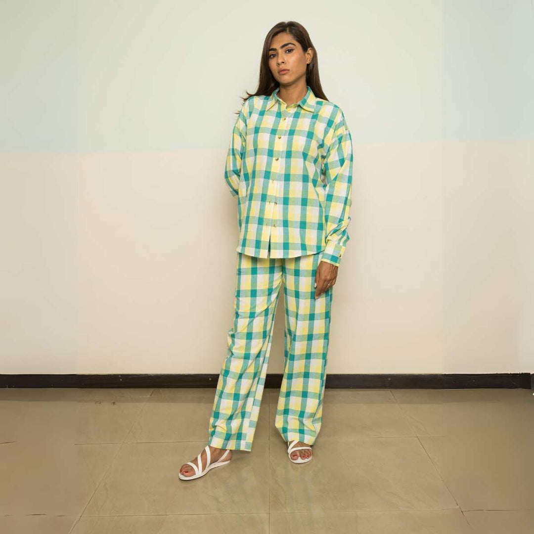 Wanderlust Women Co-ord Set | Yellow | Full Shirt W/ Pants | Handwoven Cotton