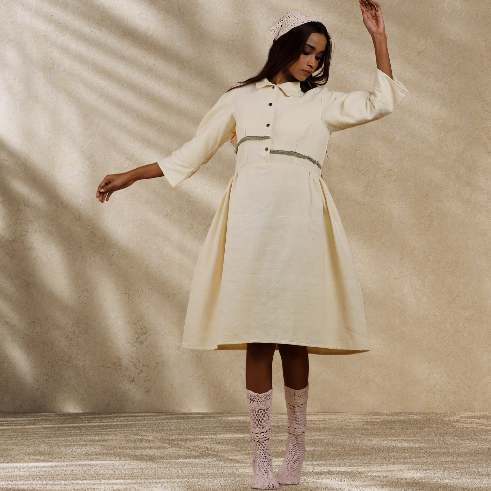 Women Ecru Collared Dress | Hand-Crafted | Stylish All Day Wear