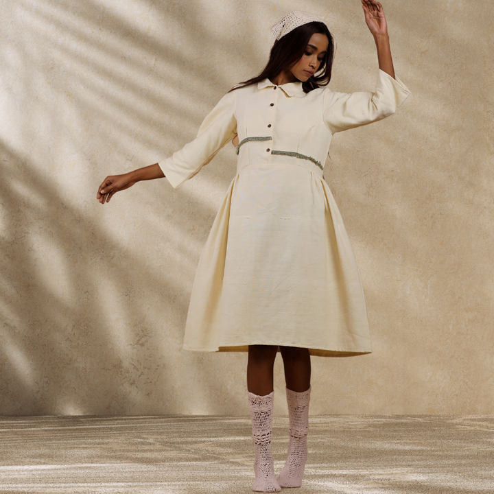 Women Ecru Collared Dress | Hand-Crafted | Stylish All Day Wear