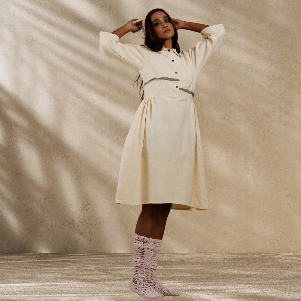 Women Ecru Collared Dress | Hand-Crafted | Stylish All Day Wear