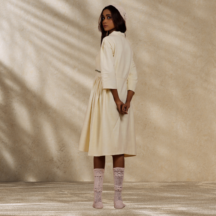 Women Ecru Collared Dress | Hand-Crafted | Stylish All Day Wear