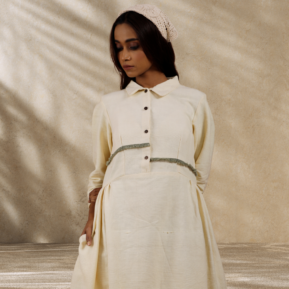 Women Ecru Collared Dress | Hand-Crafted | Stylish All Day Wear