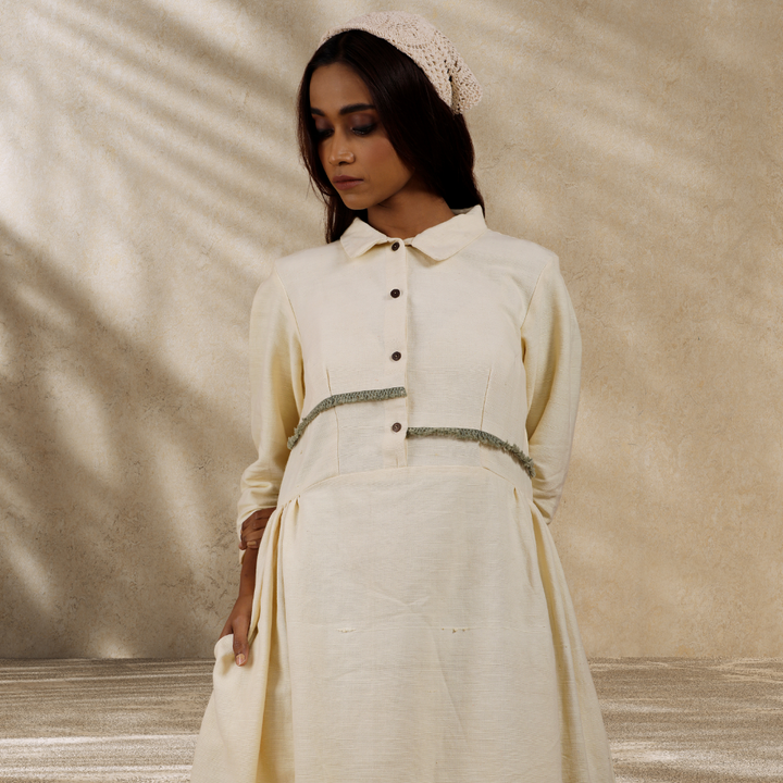 Women Ecru Collared Dress | Hand-Crafted | Stylish All Day Wear