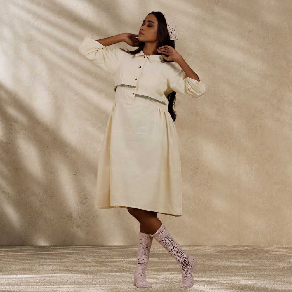 Women Ecru Collared Dress | Hand-Crafted | Stylish All Day Wear