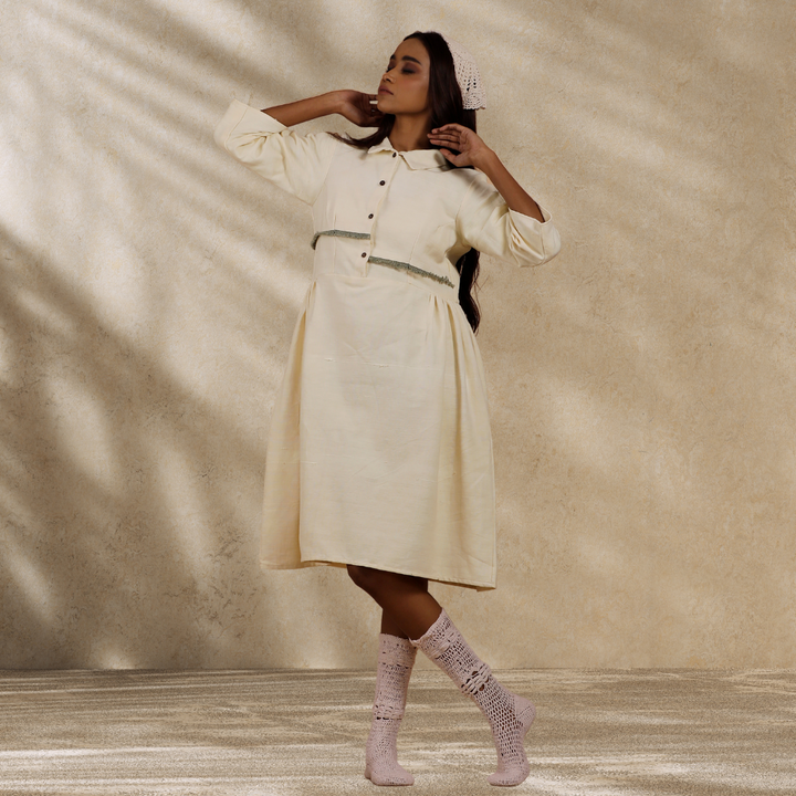 Women Ecru Collared Dress | Hand-Crafted | Stylish All Day Wear