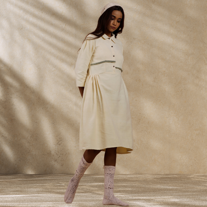 Women Ecru Collared Dress | Hand-Crafted | Stylish All Day Wear