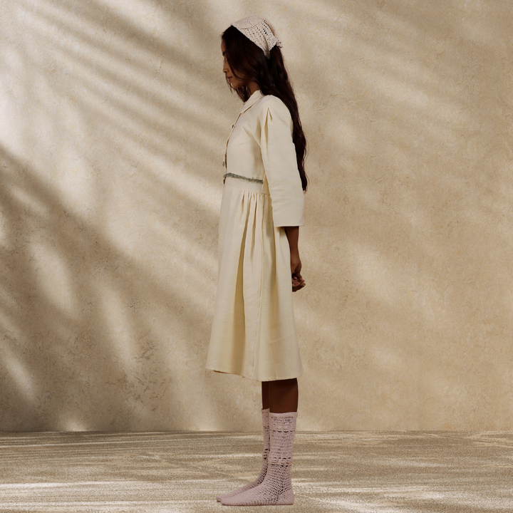 Women Ecru Collared Dress | Hand-Crafted | Stylish All Day Wear