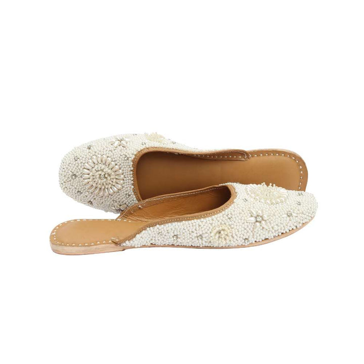 Women Mules | White | Hand Crafted By Artisans | Wedding Ethnic Flats