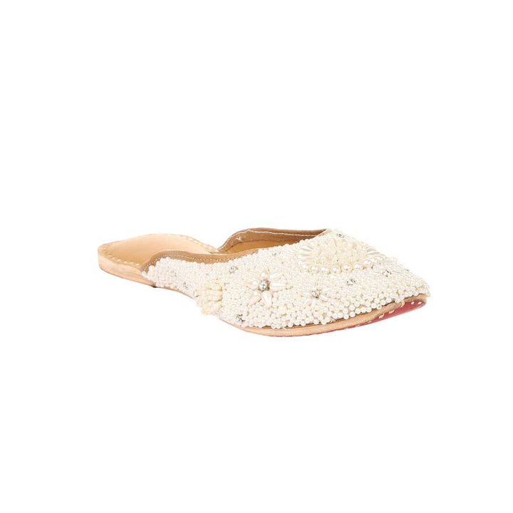 Women Mules | White | Hand Crafted By Artisans | Wedding Ethnic Flats