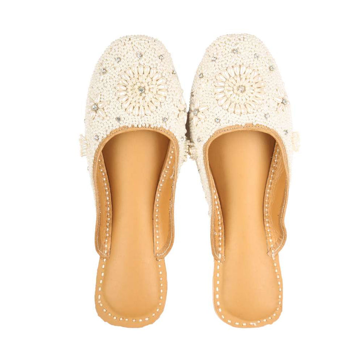 Women Mules | White | Hand Crafted By Artisans | Wedding Ethnic Flats