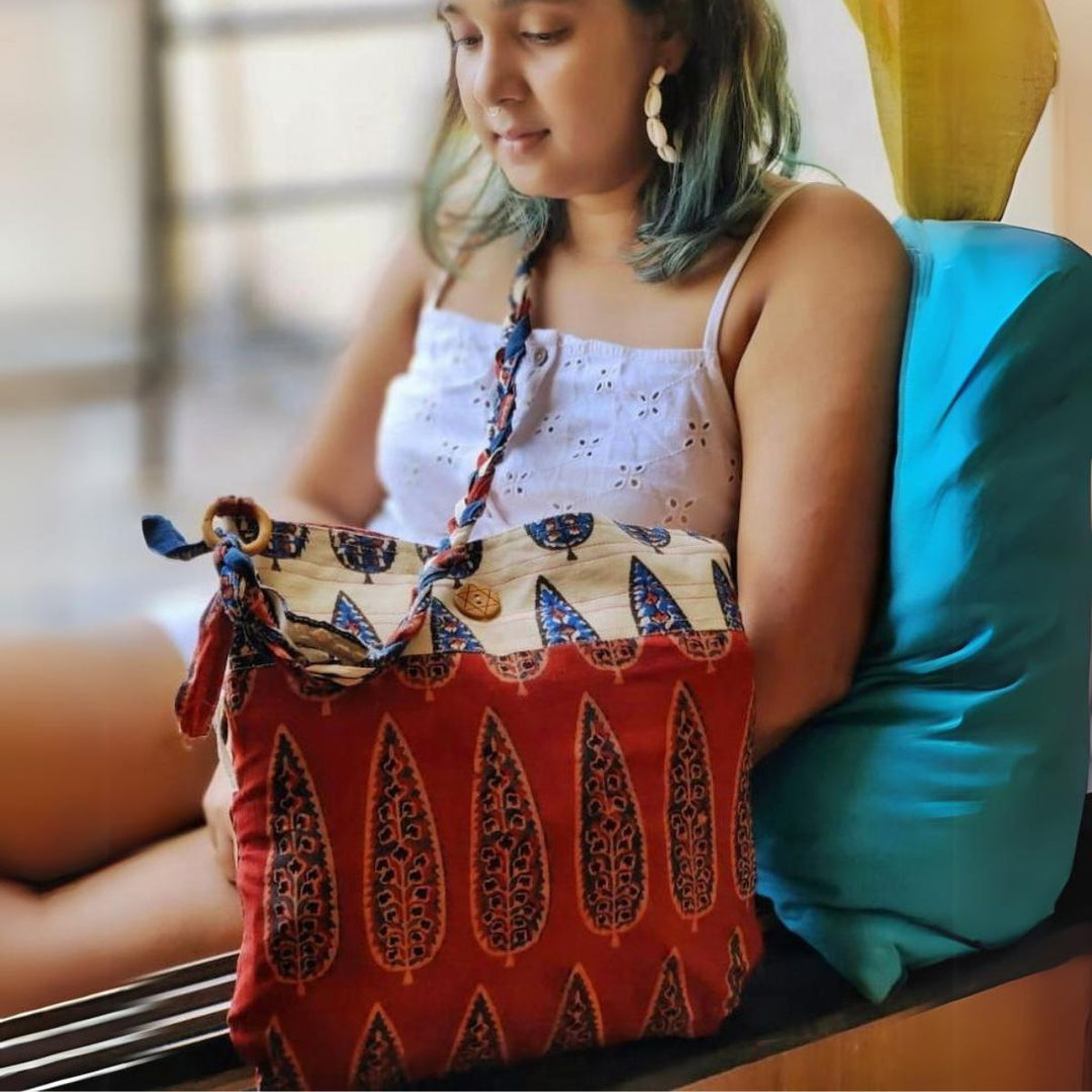 Women Sling Bag | Made of Hand Block Printed Cotton | Ethnic | Maroon & Off-White