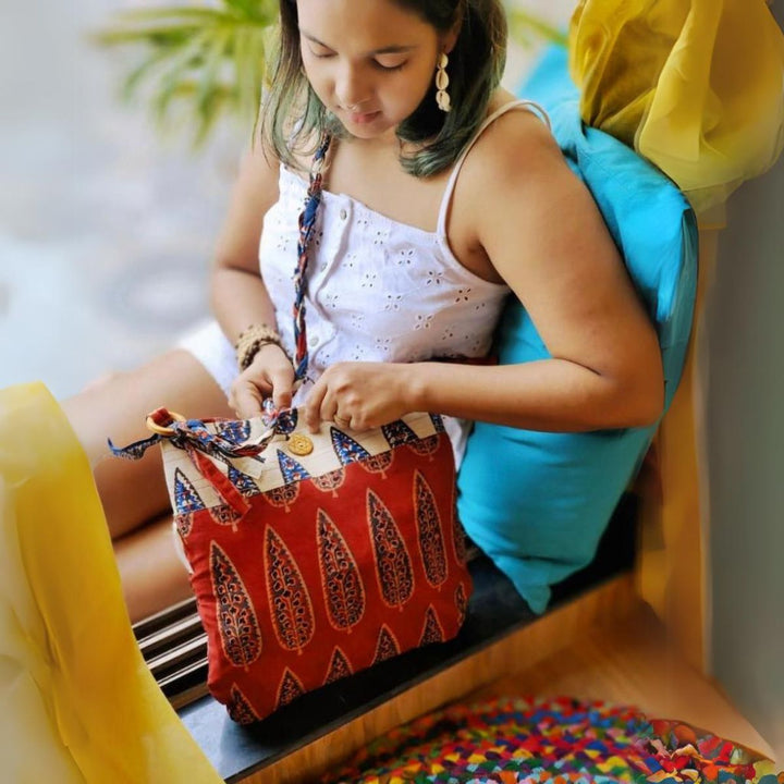 Women Sling Bag | Made of Hand Block Printed Cotton | Ethnic | Maroon & Off-White