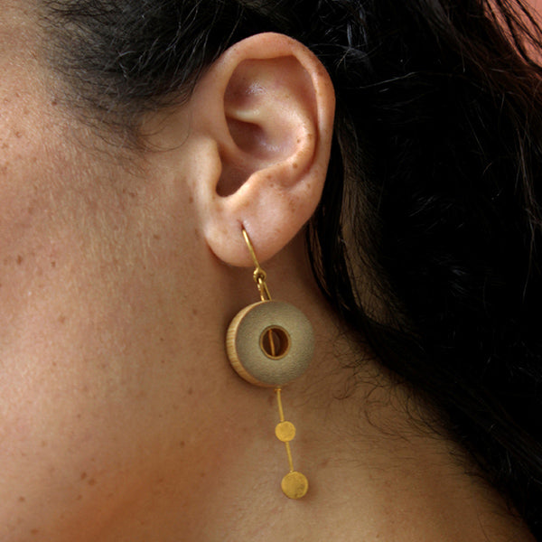 Rhea Gold Two Dot Fall Earrings | Hand- Crafted | 92.5 Silver & Gold Plated Recycled Brass & Bamboo