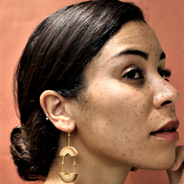 Dangling Arc Ear Rings | Sustainably Made of Gold Plated Recycled Brass | Bamboo Base