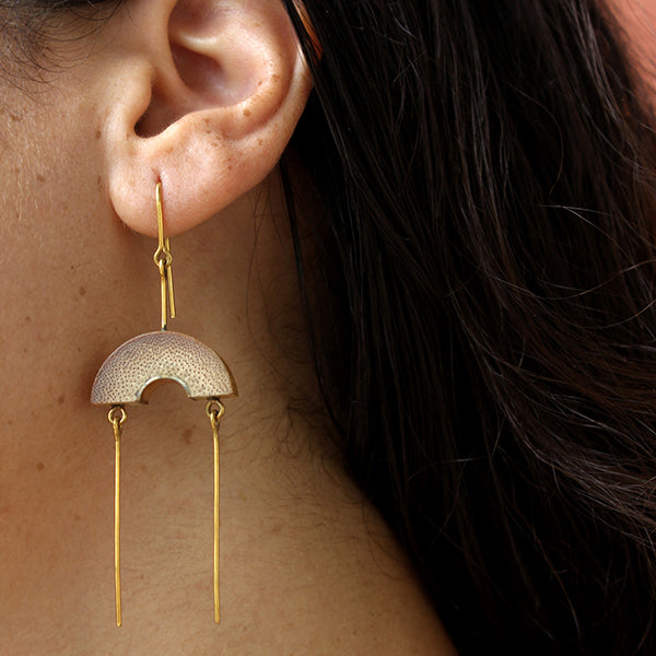 Earthy Brown Ear Dangle | Gold Plated Recycled Brass | Disc Shape Designed of Bamboo