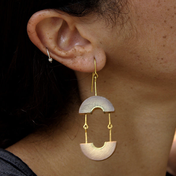 Dangling Arc Ear Rings | Sustainably Made of Gold Plated Recycled Brass | Bamboo Base