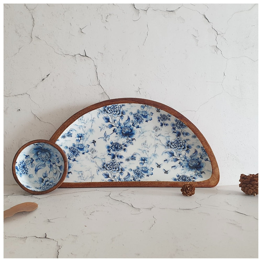 Blue Forest Half Moon Platter With Matching Dip Bowl | Mango Wood | 14 X 7 Inches